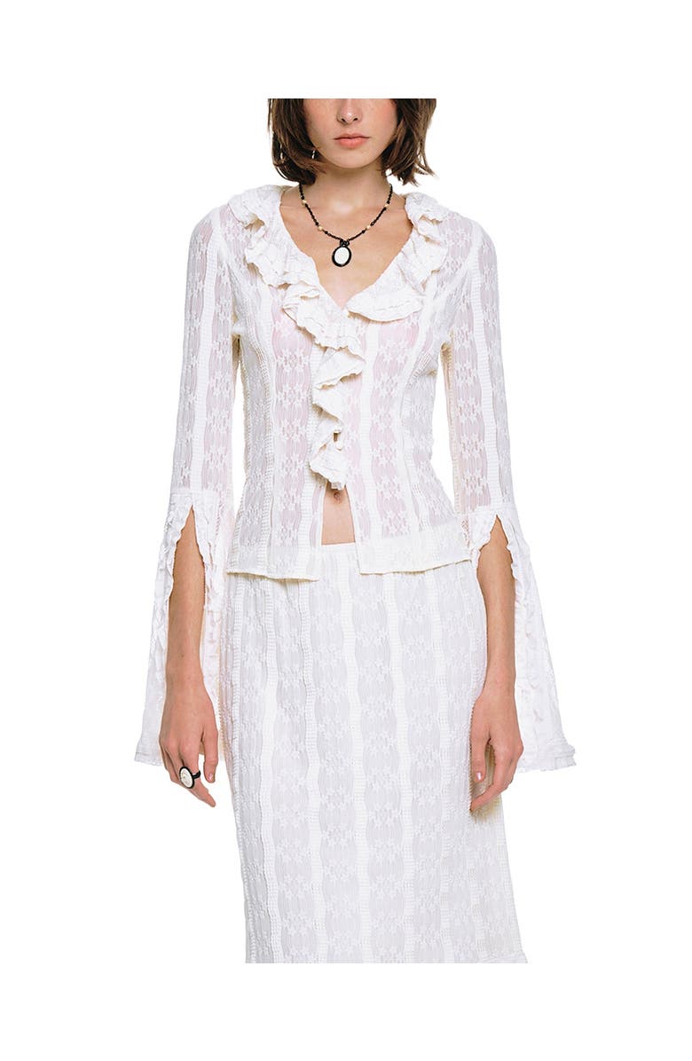 Anna Sui Floral Ruffle Stretch Lace Blouse, Main, color, Cream