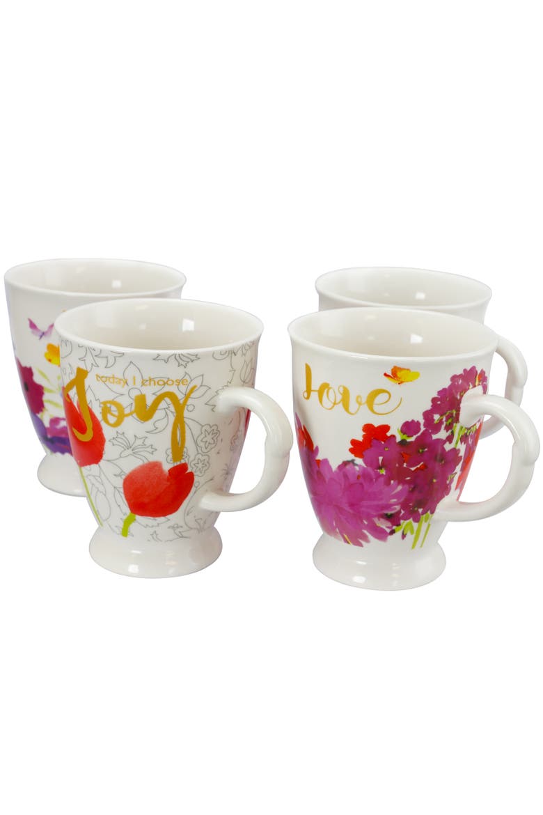 Bold Floral 17.4 oz Cup Set, Set of 4 Assorted Designs, Main, color, White