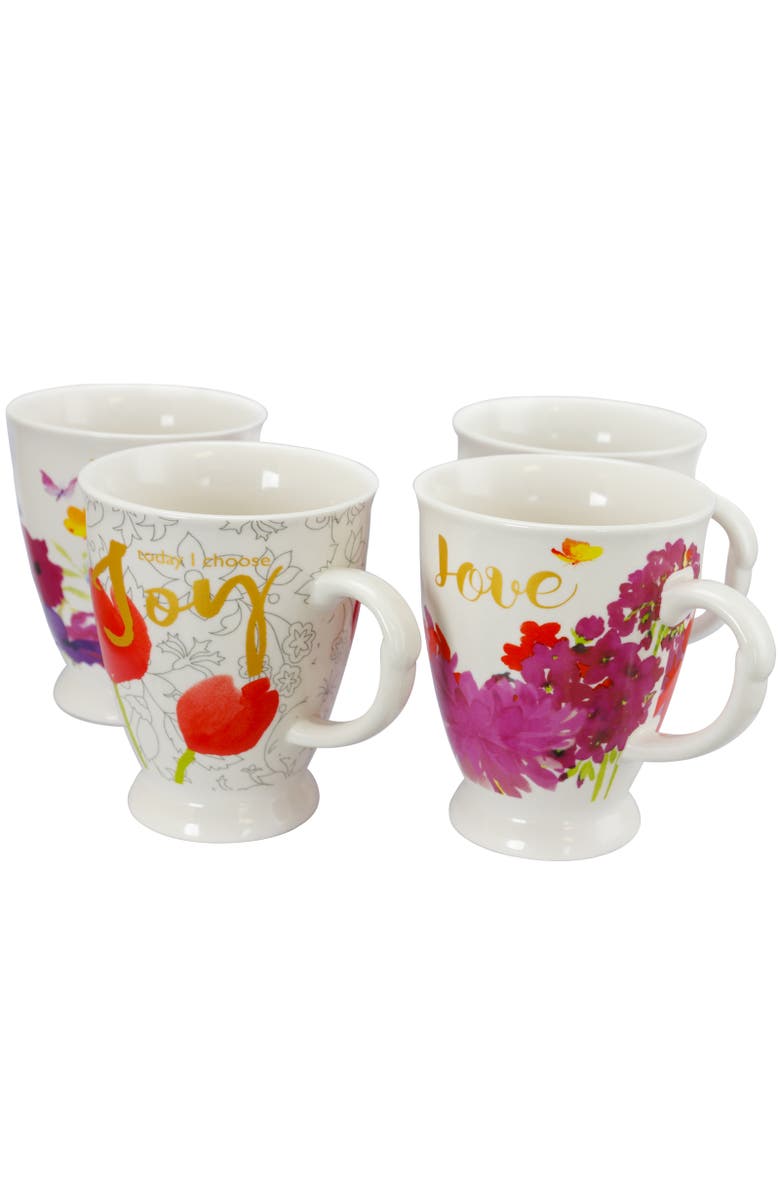 Gibson Home Bold Floral 17.4 oz Cup Set, Set of 4 Assorted Designs, Main, color, White