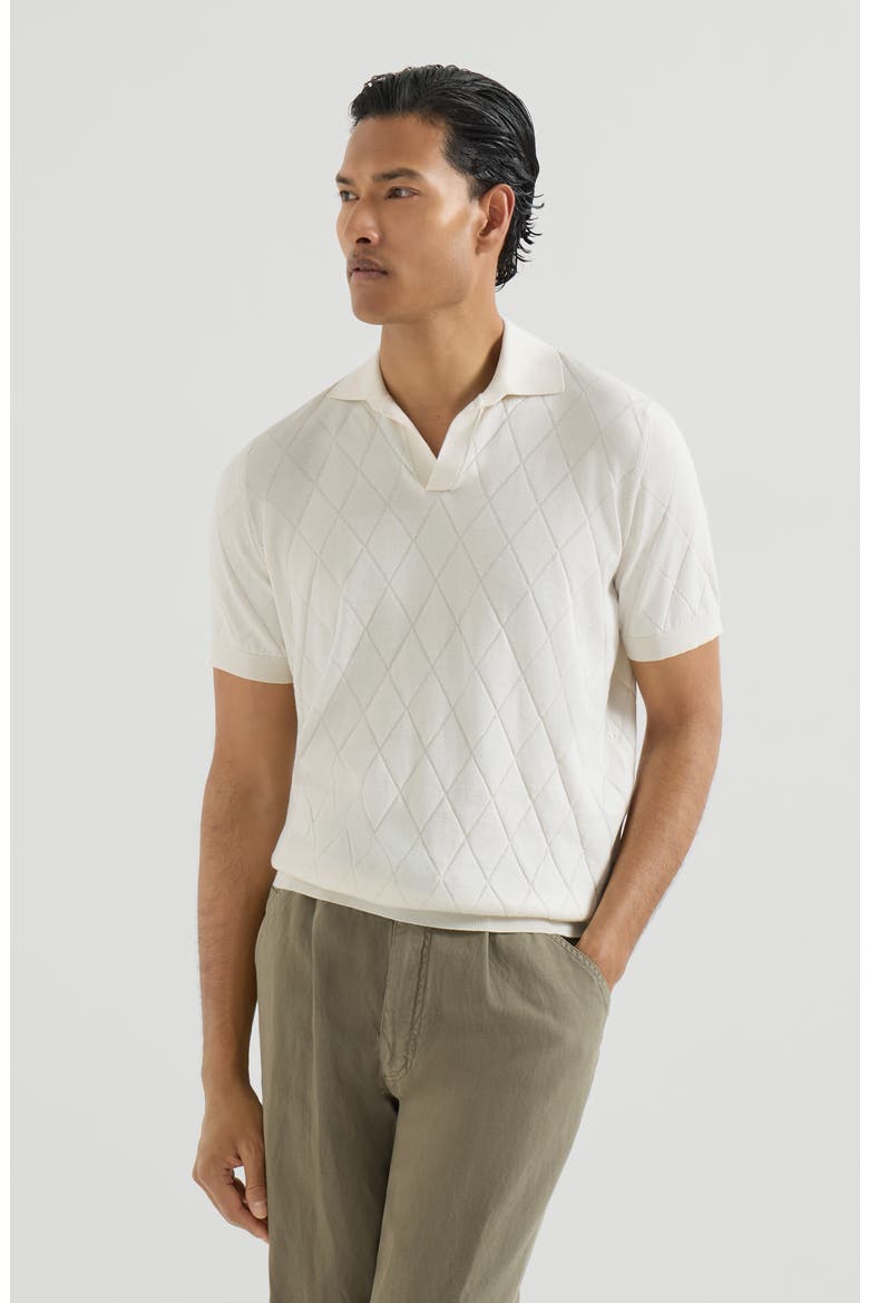 Cotton textured Argyle lightweight knit polo shirt, Main, color, White