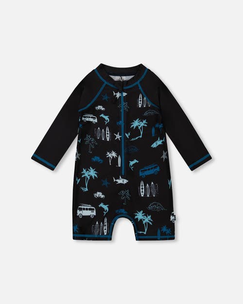 DEUX PAR DEUX DEUX PAR DEUX LITTLE BOY'S PRINTED LONG SLEEVE RASHGUARD LIGHT BLUE BEACH ON BLACK 