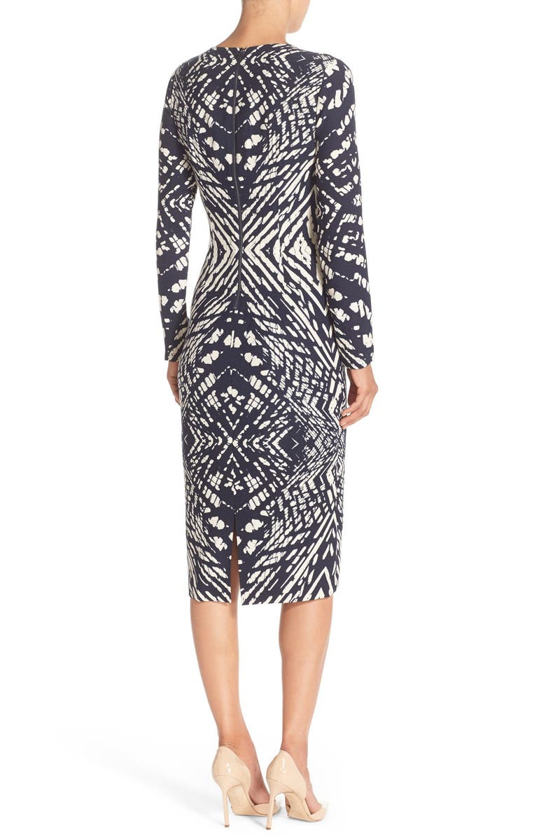 Maggy London Tie Dye Print Crepe Midi Sheath Dress, Alternate, color, Navy/ Cream