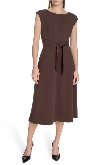 Calvin Klein Cap Sleeve Scuba Crepe Midi Dress In Brown