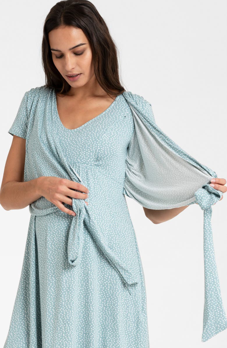 Seraphine Sage Dot Faux Wrap Maternity/Nursing Dress, Alternate, color, Sage/ White