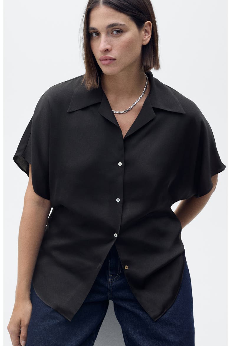 Short Sleeve Satin Button-Up Shirt, Alternate, color, BLACK
