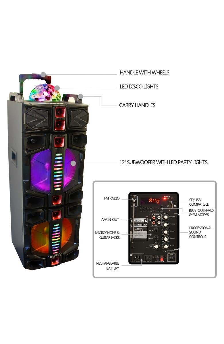 Befree Sound Dual 12in Subwoofer Portable Bluetooth Party Speaker with Remote Control and Wireless Microphone, Alternate, color, 