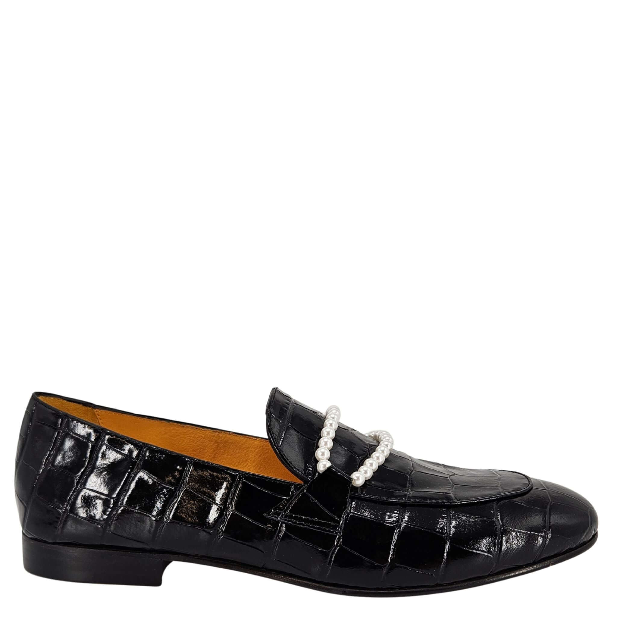 Madison Maison Leather Croc Embossed Pearl Flat Loafer, Main, color, Black