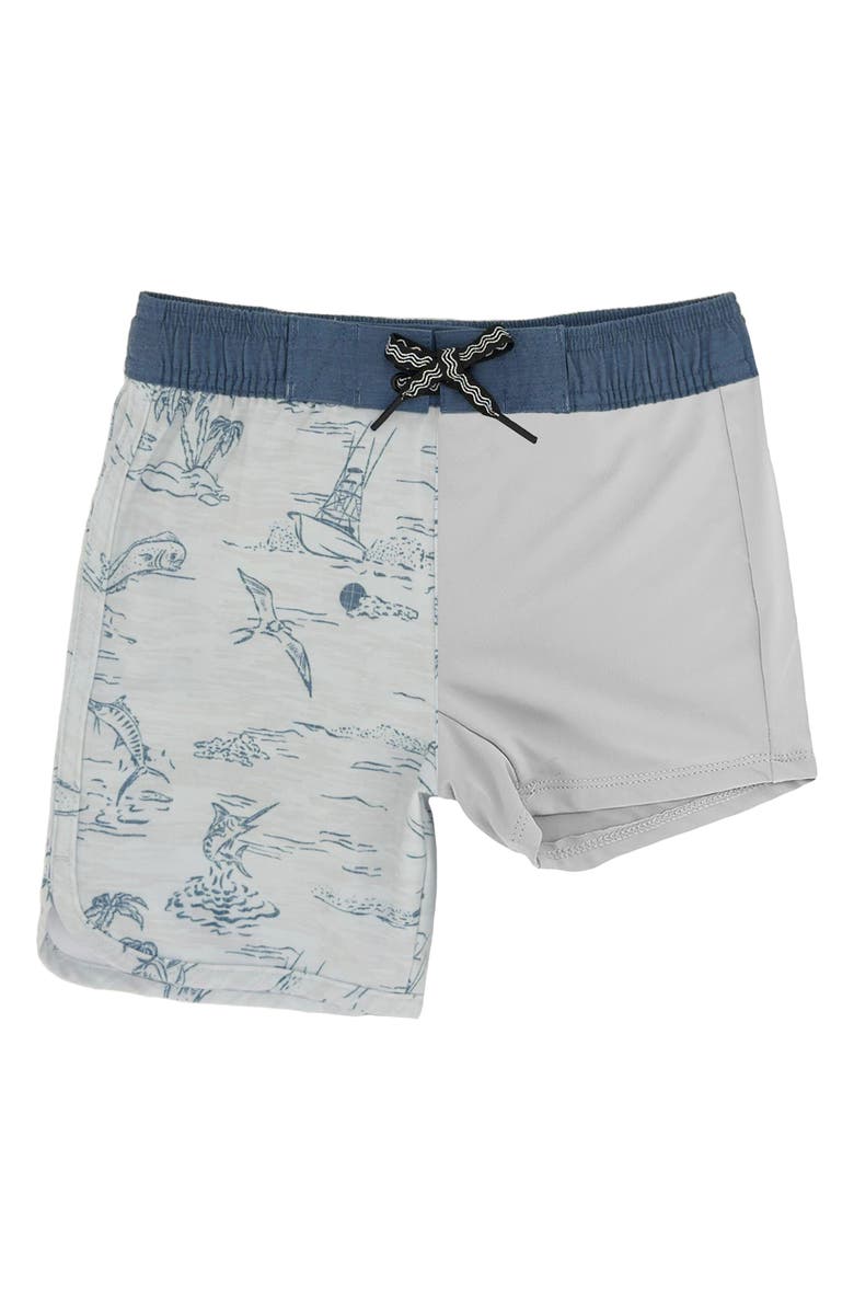Feather 4 Arrow Kids' Scallop Tropical Print Board Shorts, Alternate, color, Cloudy Sky