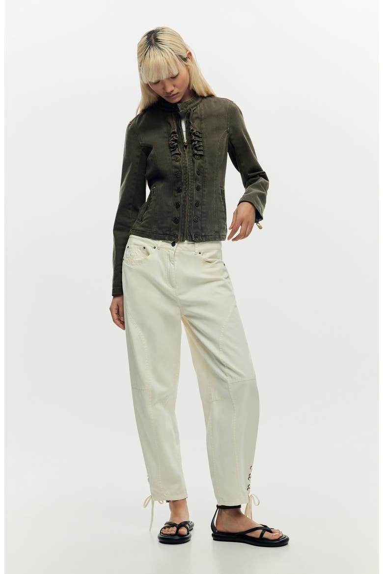 Ruffle Detail Denim Jacket, Alternate, color, LIGHT GREEN