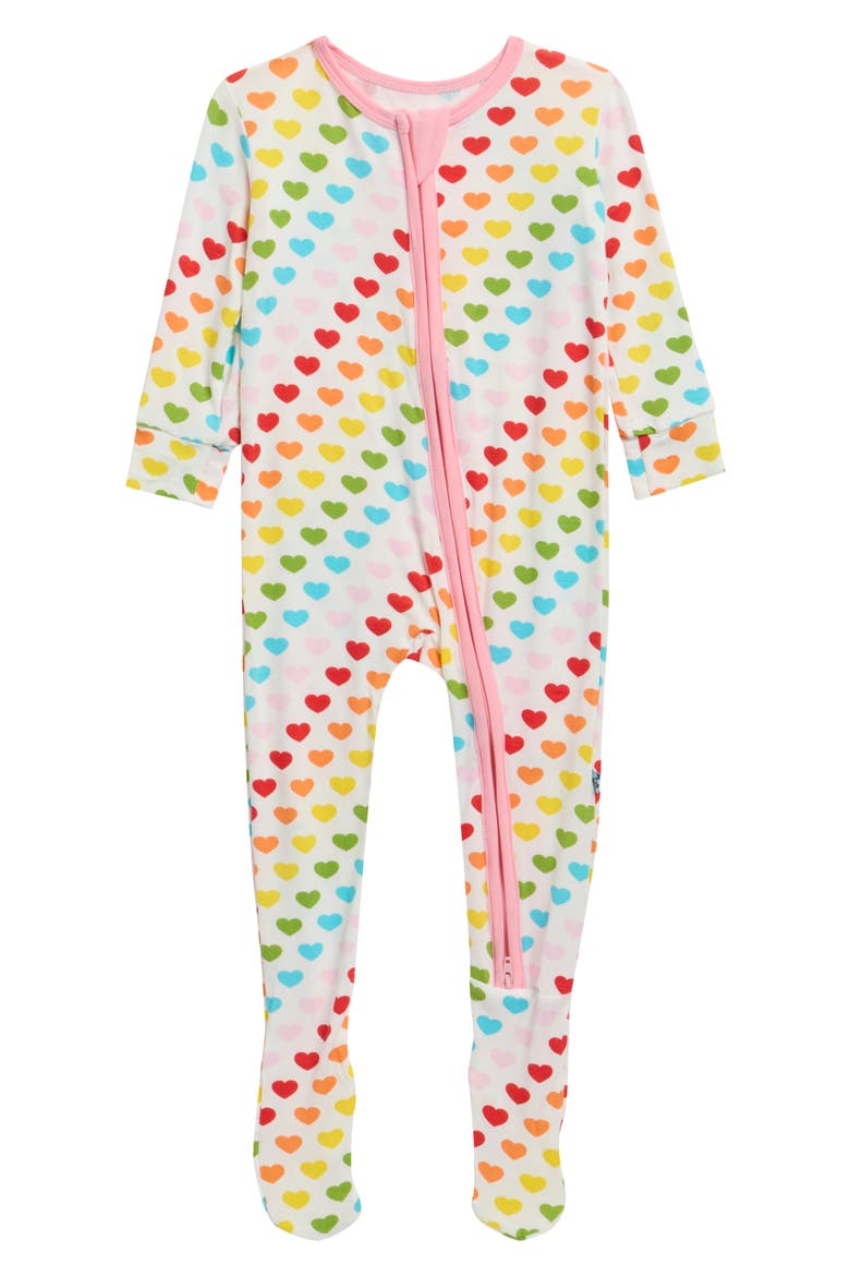 Rainbow Hearts Print Two-Way Zip Footie, Main, color, RAINBOW HEARTS