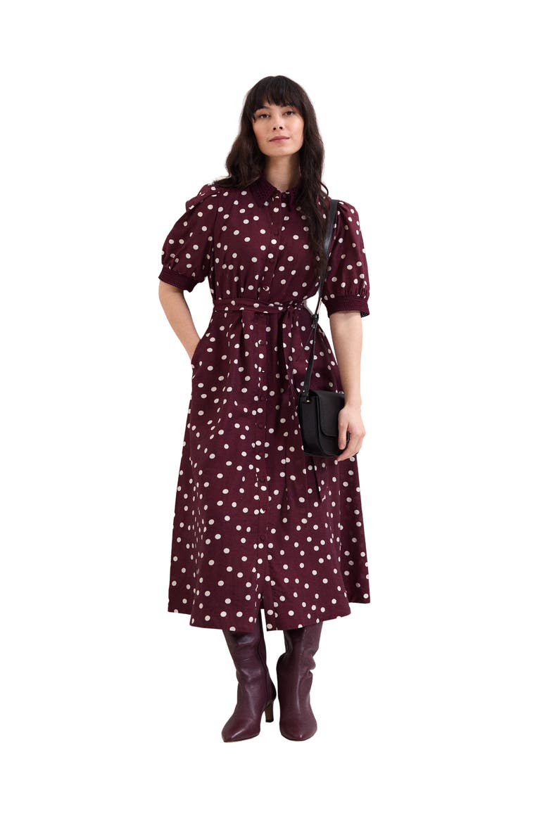 Delphine Printed Puff Sleeve Midi Dress, Main, color, Burgundy