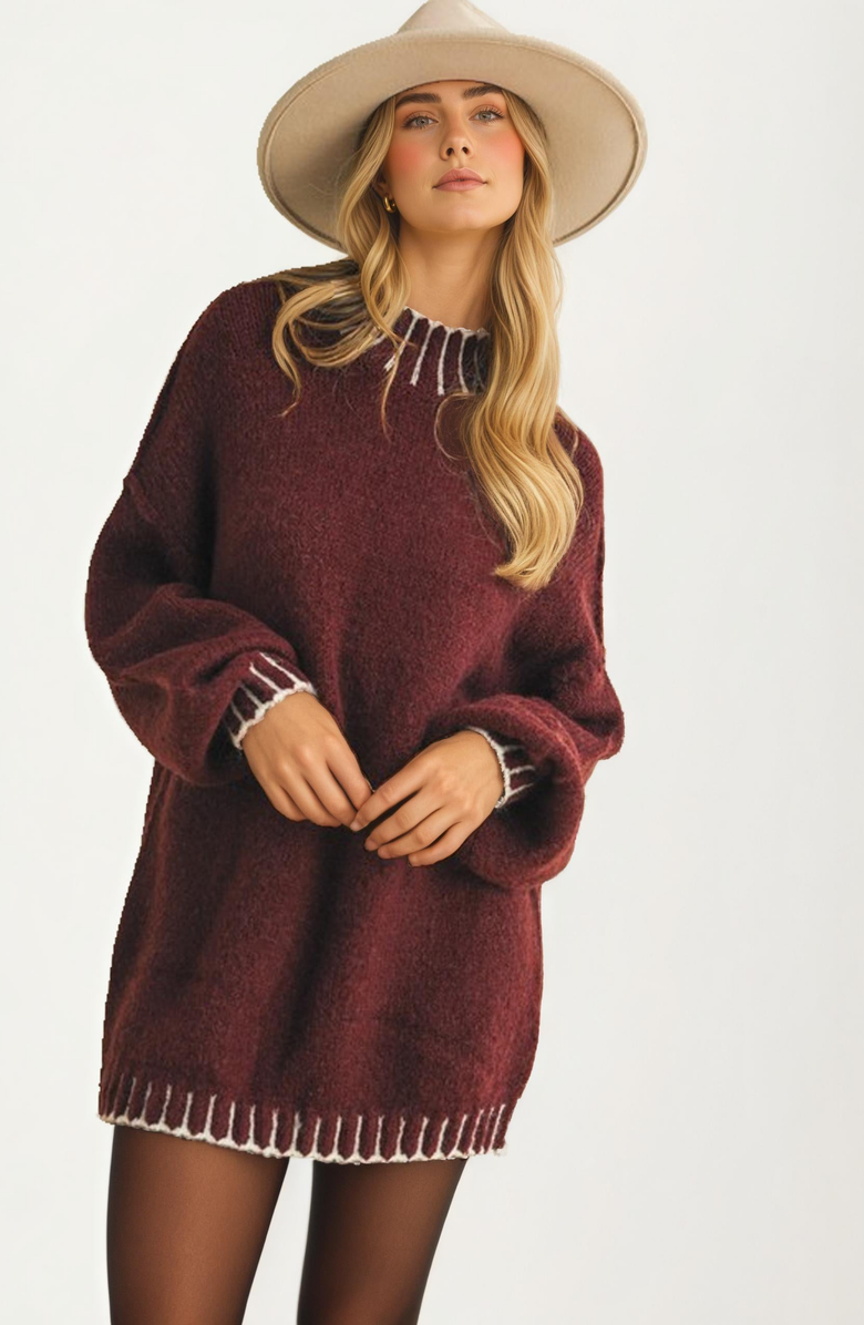 Knit and Lounge Oversized Contrast Trim Sweater, Main, color, Maroon