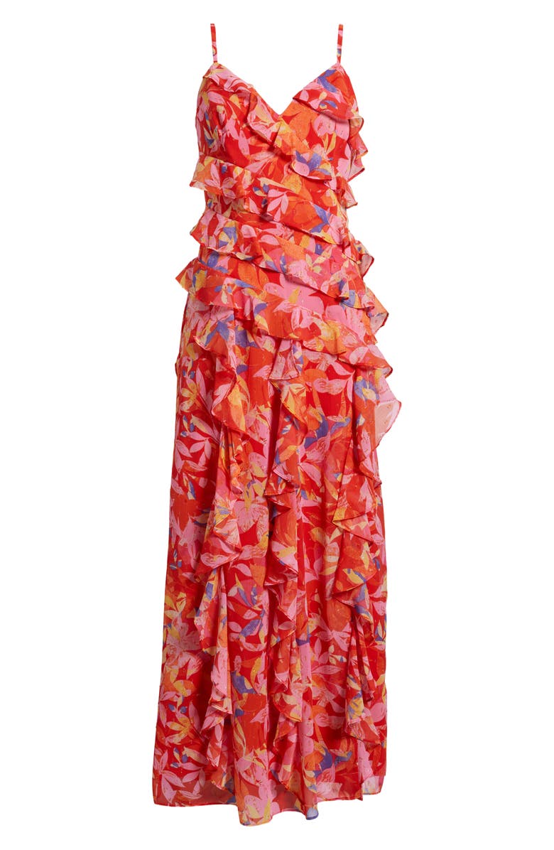 Eliza J Floral Ruffle Fil Coupé Maxi Dress, Alternate, color, Rdm