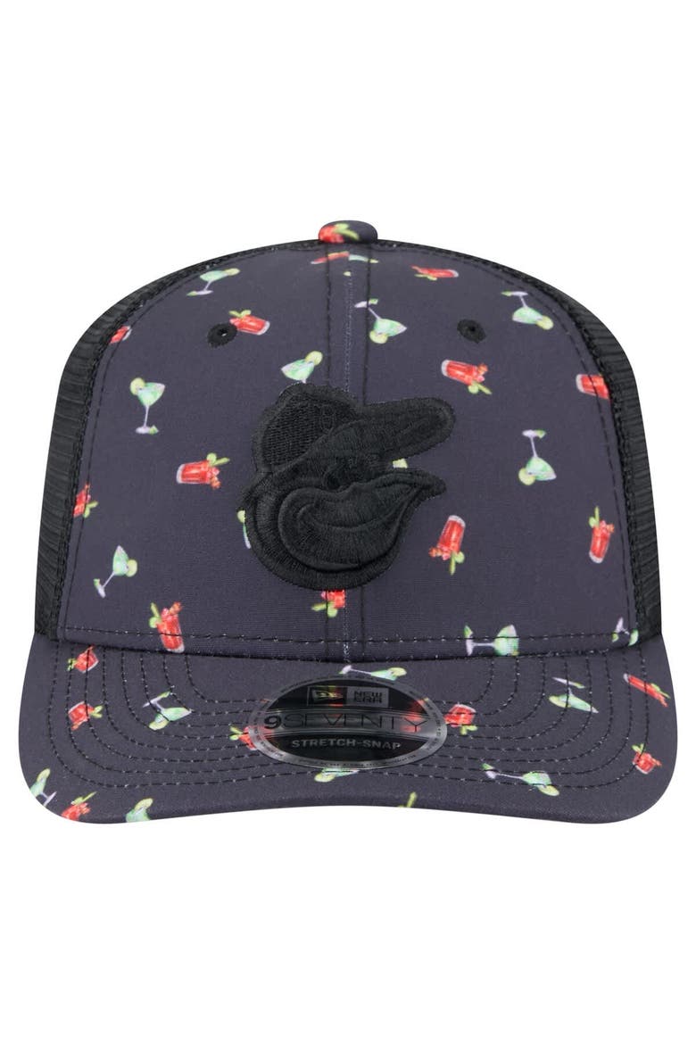 Men's New Era Black Baltimore Orioles Adventure Drinks Pattern 9SEVENTY Stretch-Snap Hat, Alternate, color, Navy