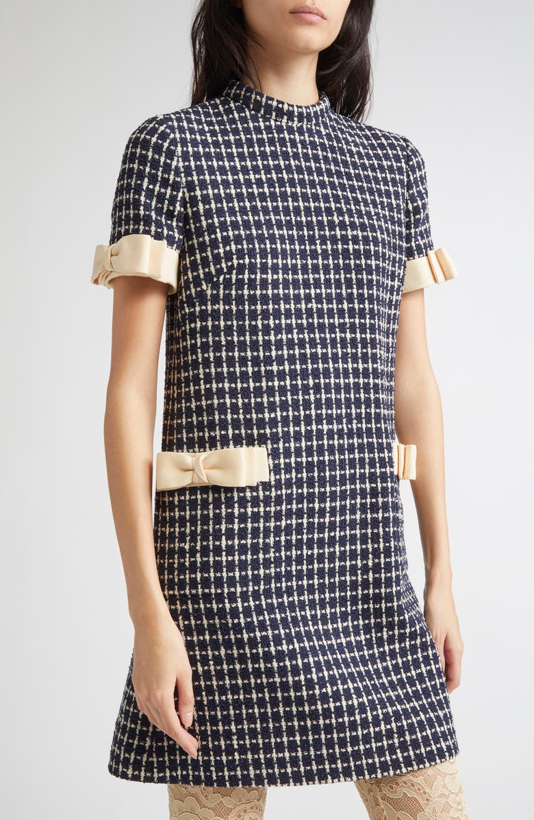 Valentino Garavani Bow Detail Wool & Silk Bouclé Dress, Alternate, color, White/ Navy