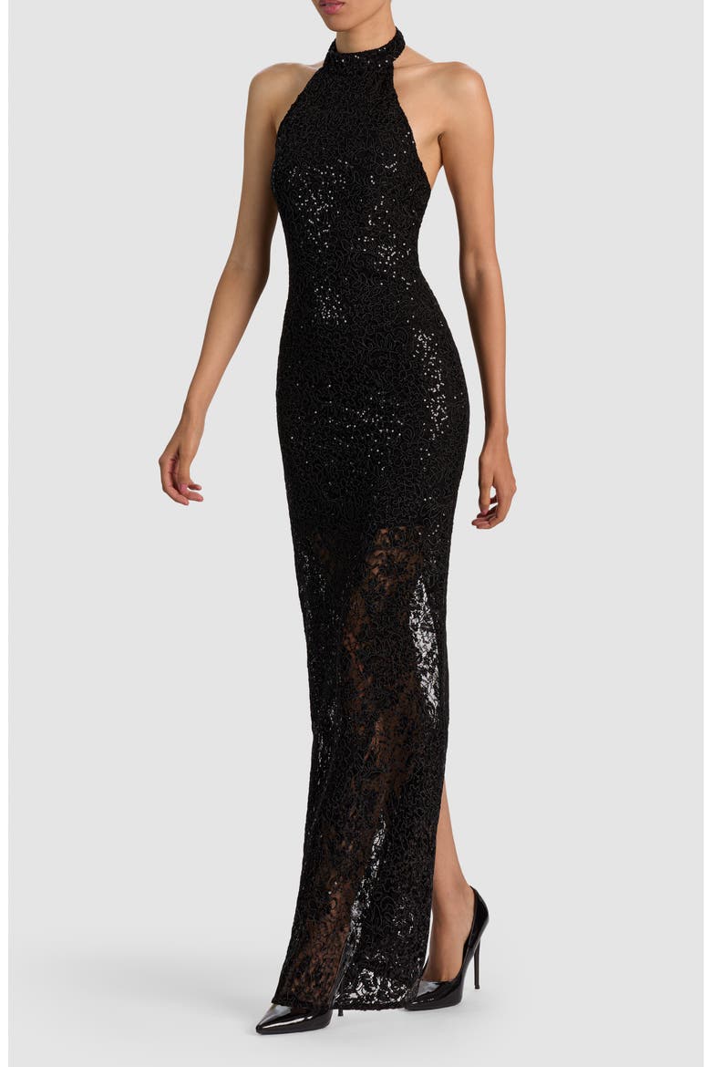 Koi Embellished Lace Halter Gown, Alternate, color, BLACK