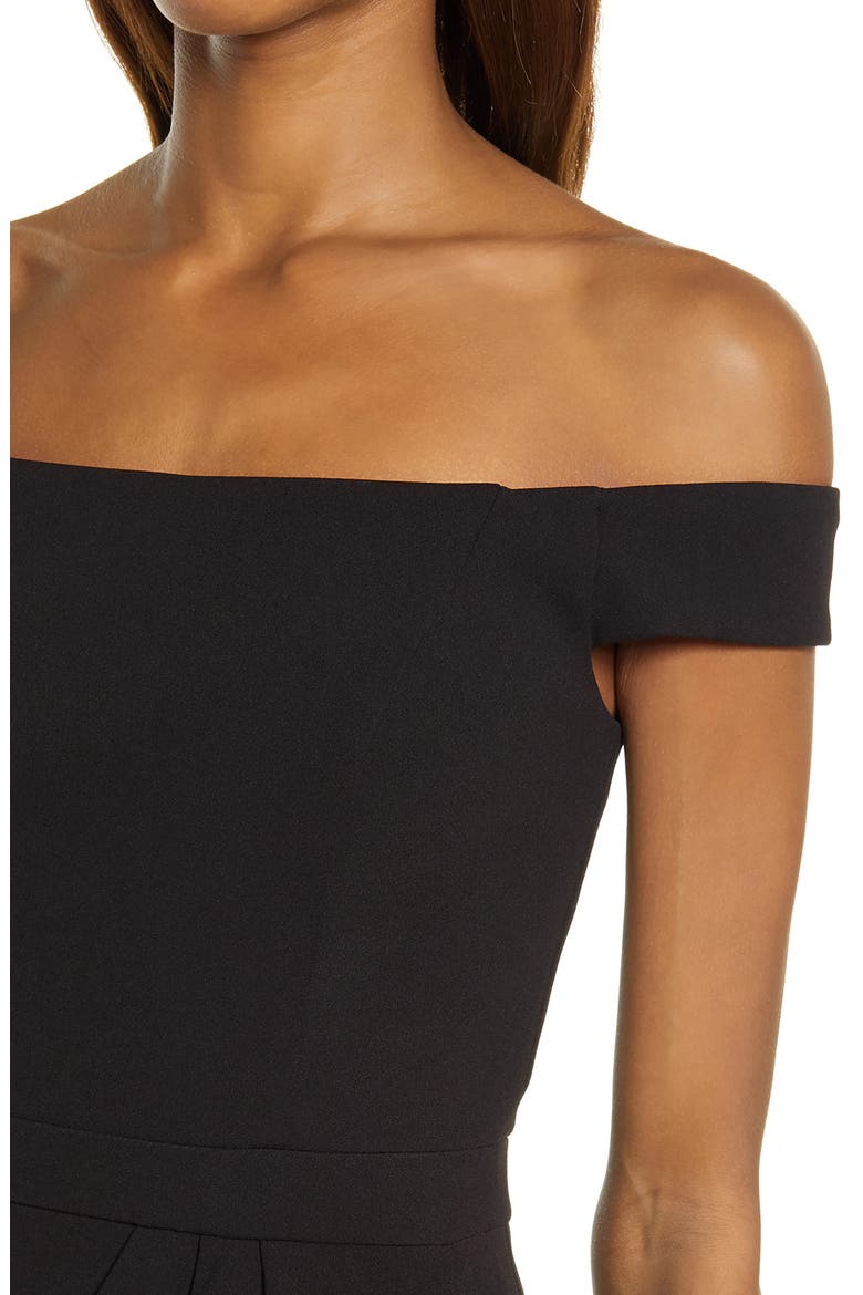 Xscape Off the Shoulder Wrap Front Scuba Crepe Gown, Alternate, color, BLACK