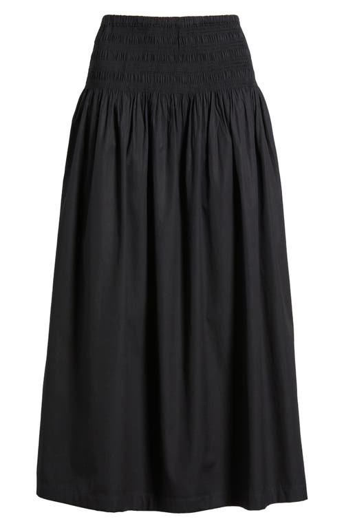 Madewell Smocked Waist Cotton Poplin Midi Skirt In Jet Black