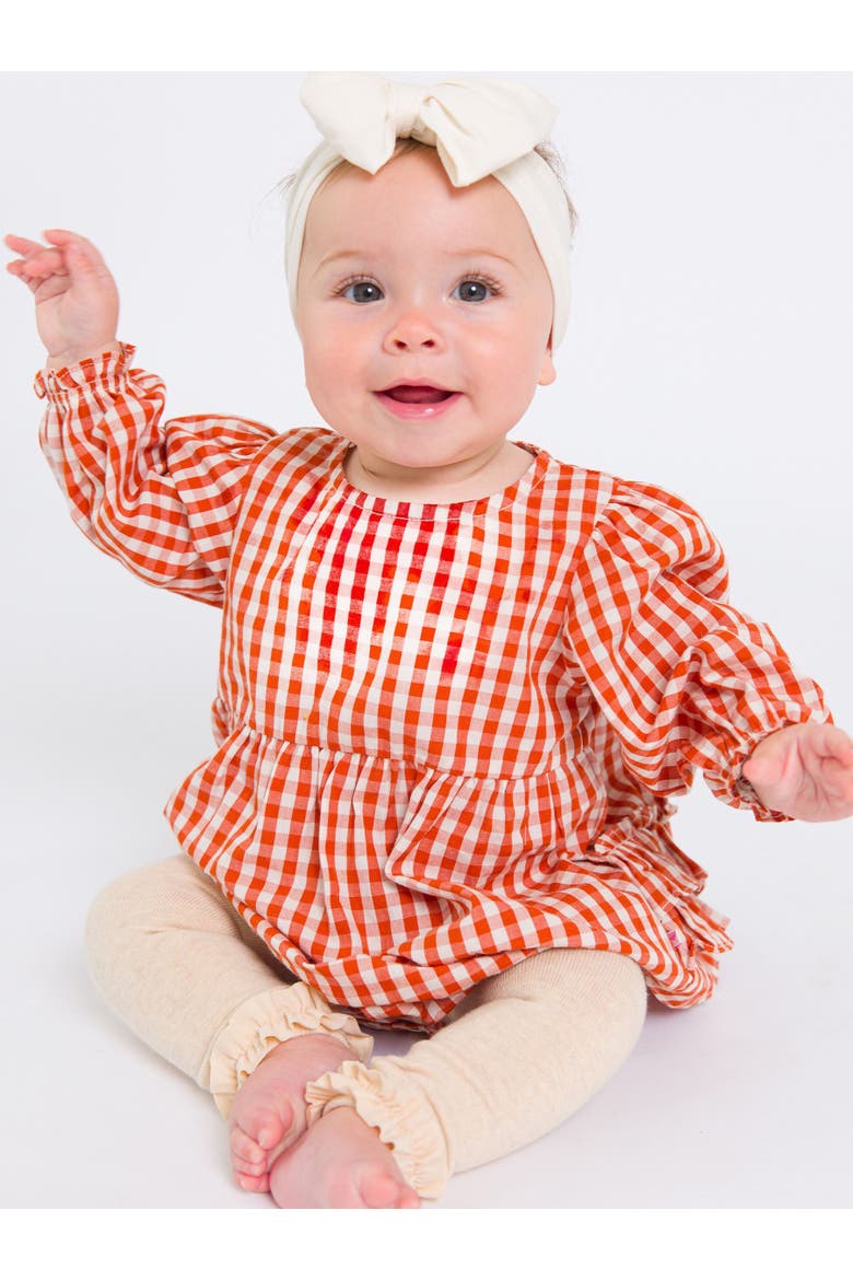 Baby Girls Woven Long Sleeve Bubble Romper, Alternate, color, Classic Rust Gingham