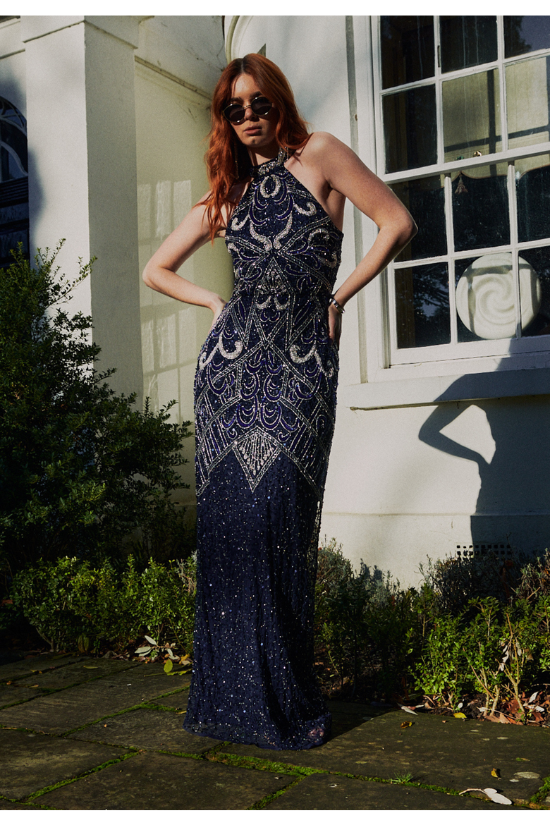 Halterneck Embellished Sequin Beaded Maxi Dress, Alternate, color, MID NIGHT BLUE