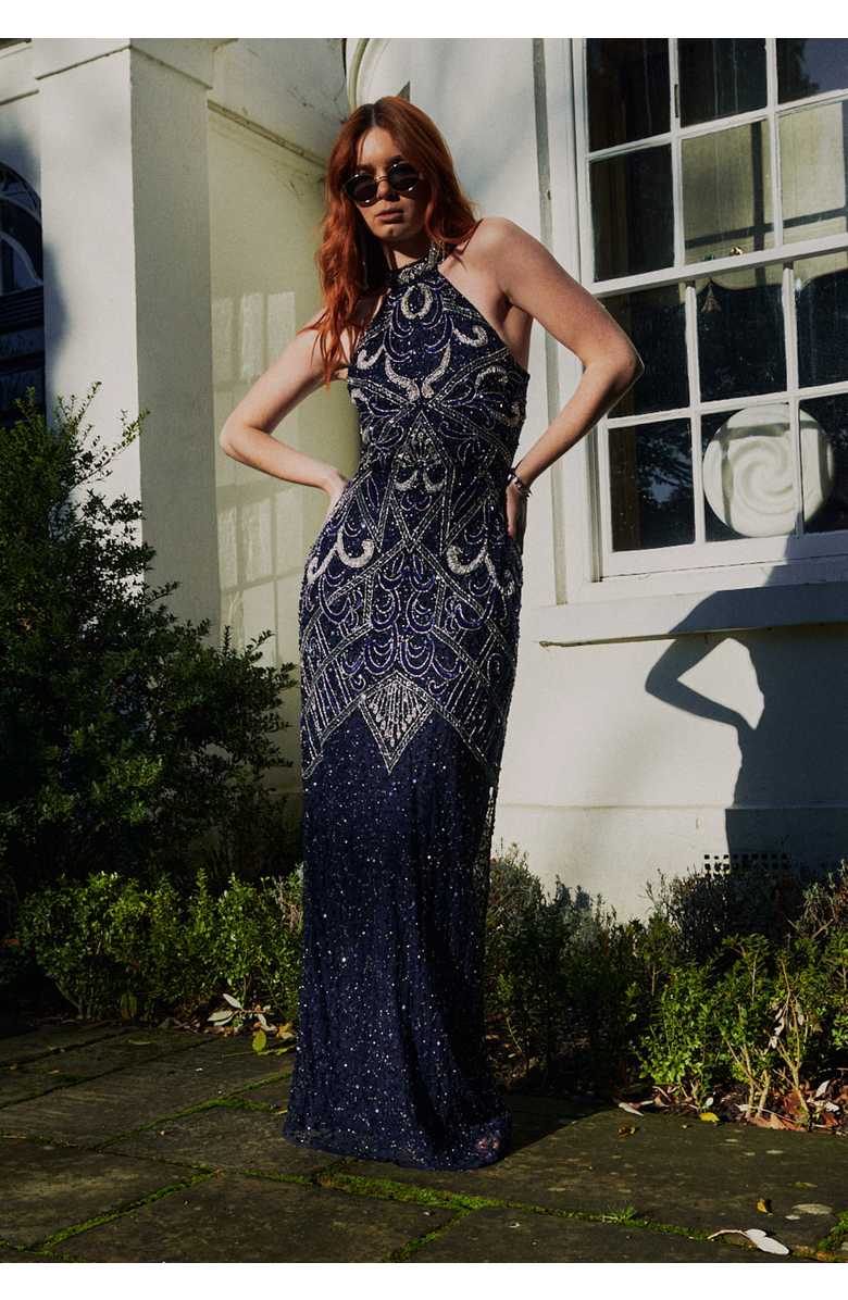 BEAUUT Halterneck Embellished Sequin Beaded Maxi Dress, Alternate, color, Mid Night Blue