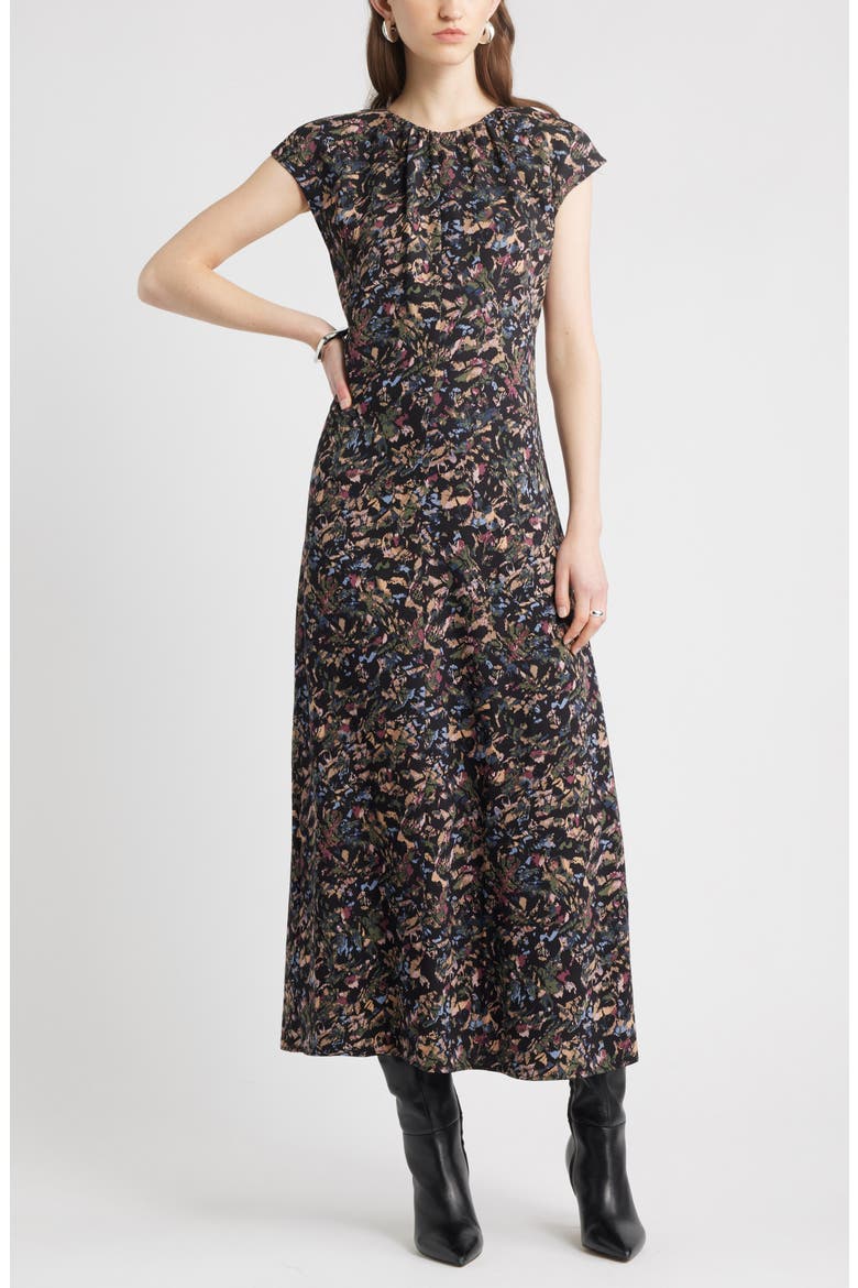 Shirred Cap Sleeve Maxi Dress, Main, color, BLACK MULTI FEATHER ABSTRACT