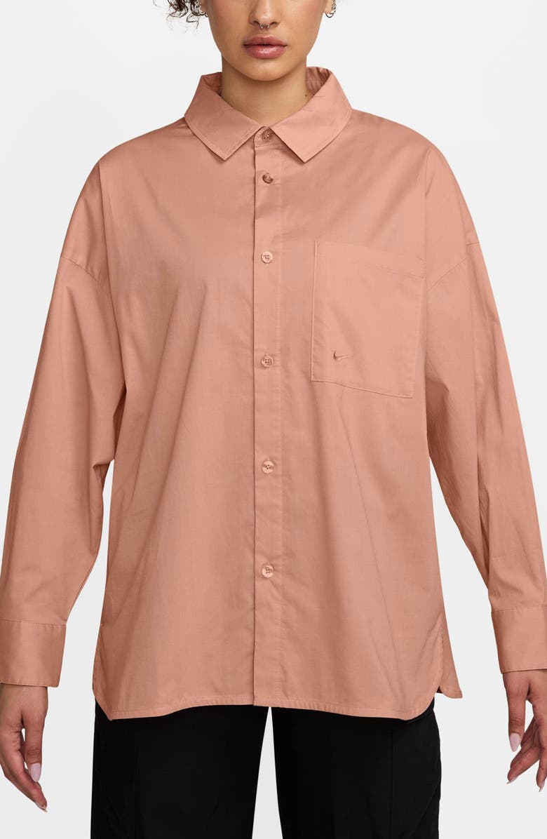 Nike Sportswear Chill Stretch Cotton Poplin Button-Up Shirt, Main, color, Particle Pink/ Sail