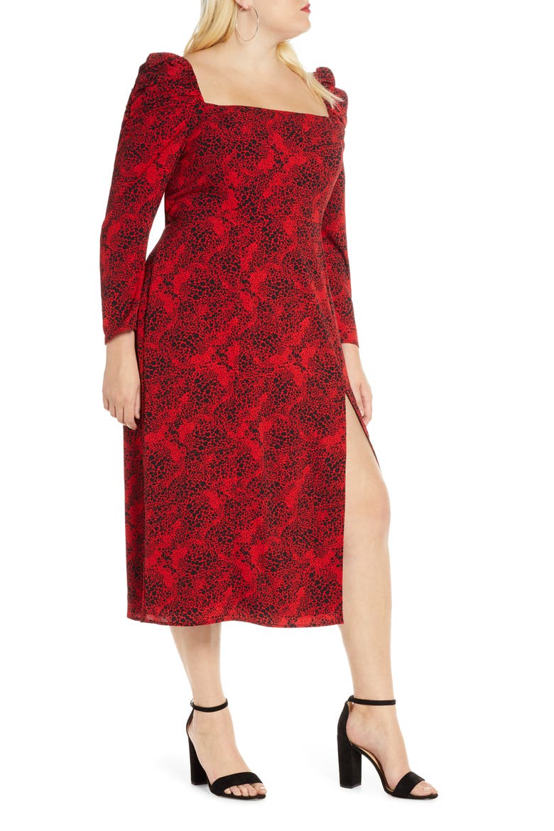 Spatter Print Square Neck Long Sleeve Midi Dress, Alternate, color, RED CHILI- BLACK DOT