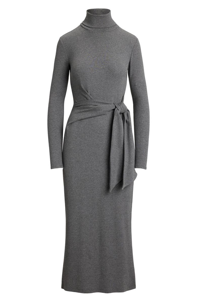 Lauren Ralph Lauren Turtleneck Tie Waist Long Sleeve Rib Cotton Blend Midi Dress, Alternate, color,