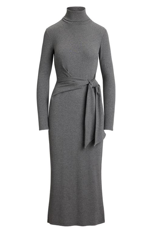 Ralph Lauren Lauren Turtleneck Tie Waist Long Sleeve Rib Cotton Blend Midi Dress In Gray