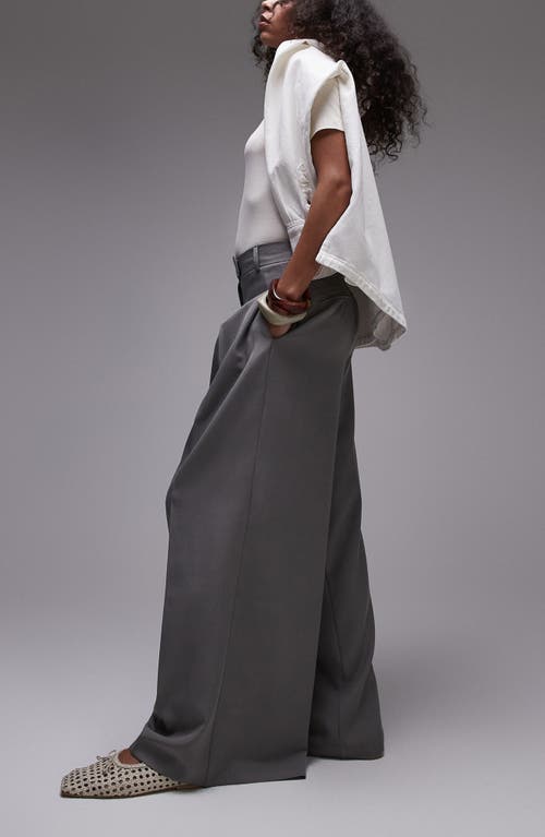 Topshop Pleated High Waist Wide Leg Trousers In Gray