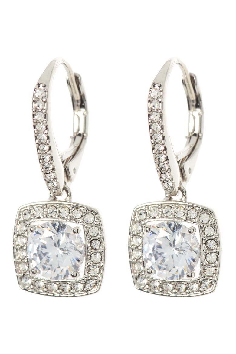 Square Halo CZ Drop Leverback Earrings, Main, color, RHODIUM