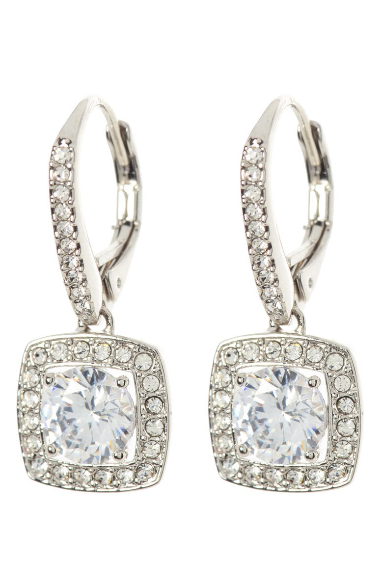 Nadri Square Halo CZ Drop Leverback Earrings, Main, color, Rhodium