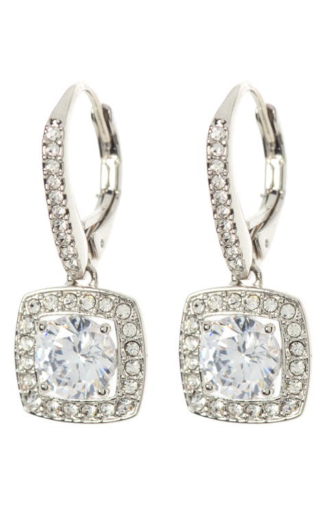 Square Halo CZ Drop Leverback Earrings
