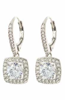 Nadri Square Halo CZ Drop Leverback Earrings