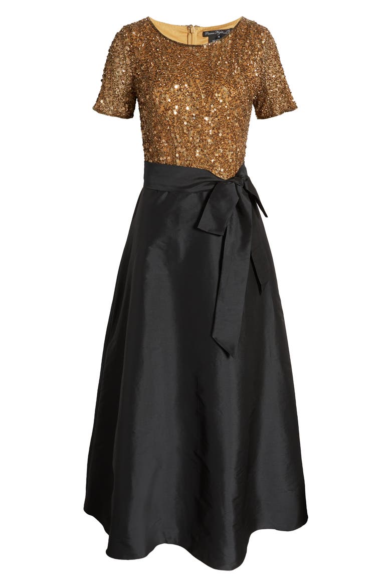 Beaded Bodice Mixed Media Gown, Alternate, color, GOLD