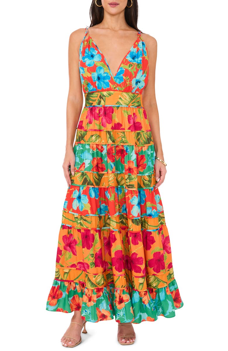 Vince Camuto Floral Sleeveless Tiered Maxi Dress, Alternate, color, Tiger Lily