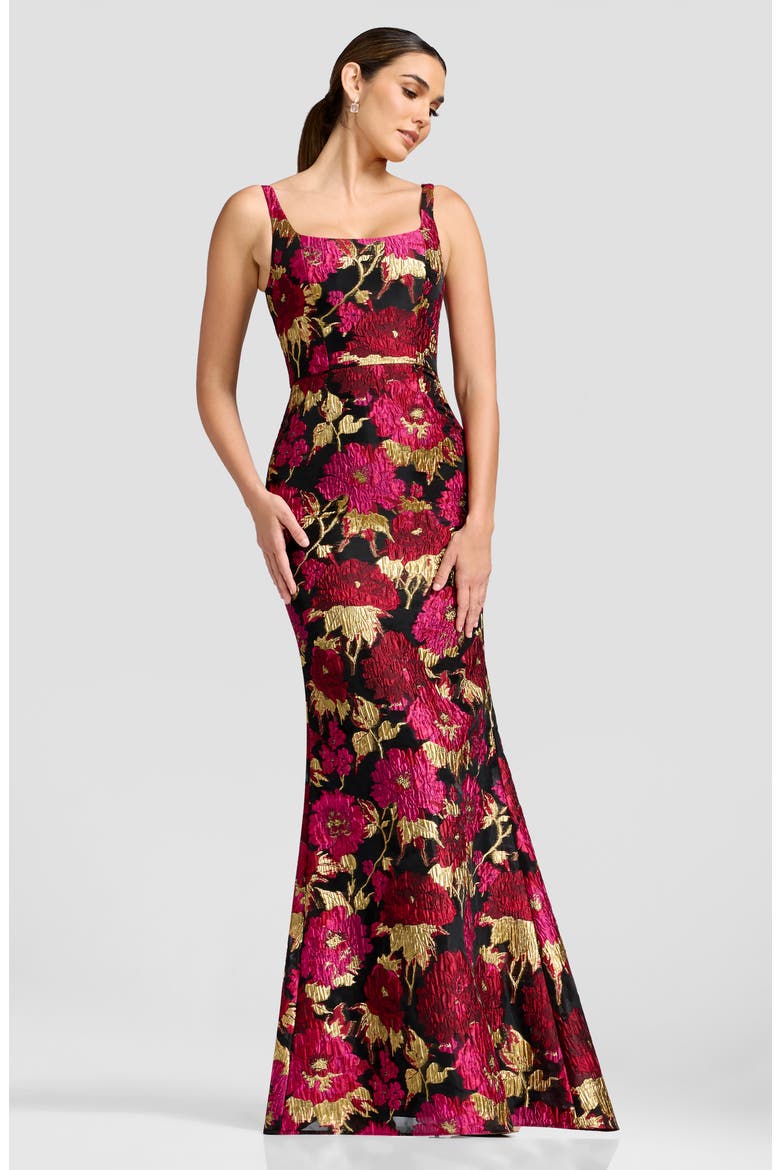 Lorena Metallic Floral Brocade Mermaid Gown, Alternate, color, FUCHSIA MULTI