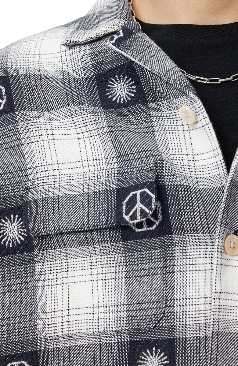 AllSaints Castor Embroidered Plaid Long Sleeve Camp Shirt, Alternate, color, Peacoat Blue