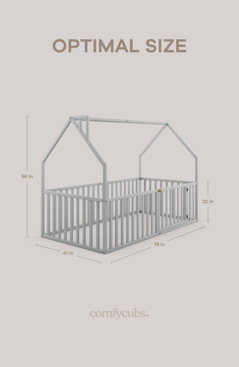 Comfy Cubs Kids House Gated Floor Bed Twin Size for Children Aged 5+, Alternate, color, Grey