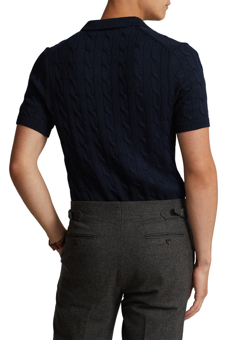 Cable-Knit Cotton Polo Sweater, Alternate, color, HUNTER NAVY
