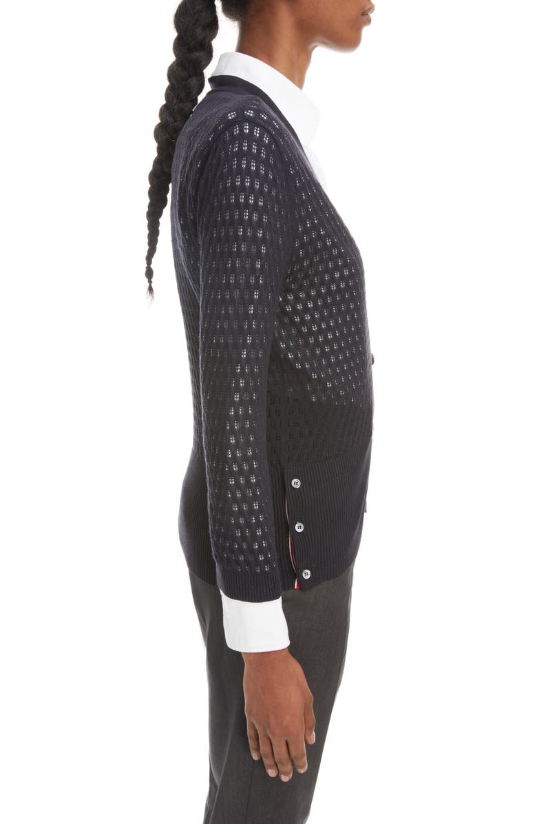 Thom Browne 4-Bar Pointelle Cotton & Silk Cardigan, Alternate, color, 