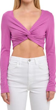 Grey Lab Front Twist Long Sleeve Knit Crop Top