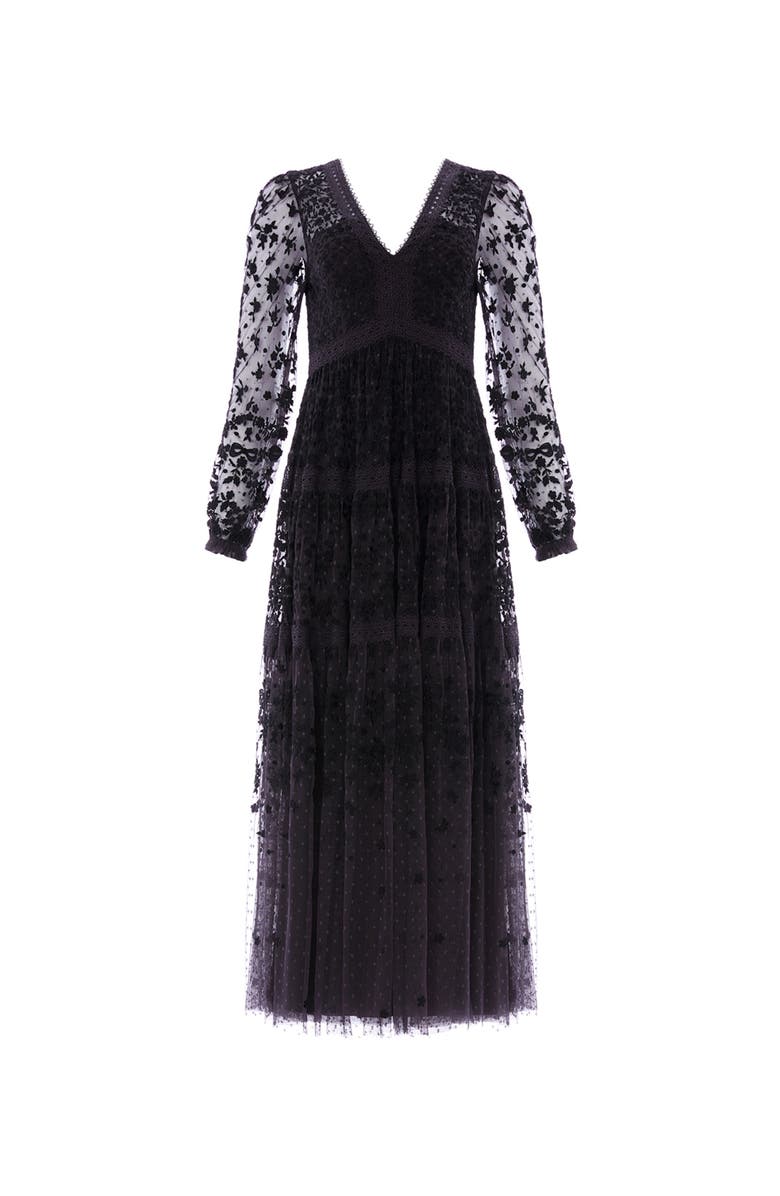 Needle & Thread Celestia Ribbon Long Sleeve V-Neck Gown, Alternate, color, Graphite