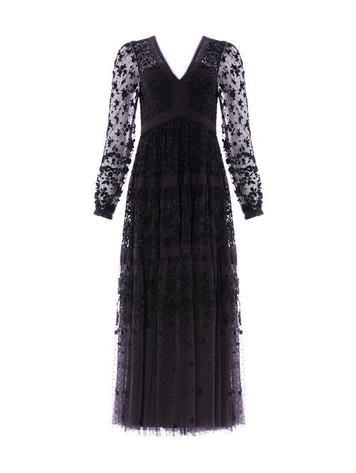 Needle & Thread Celestia Ribbon Long Sleeve V-neck Gown In Black