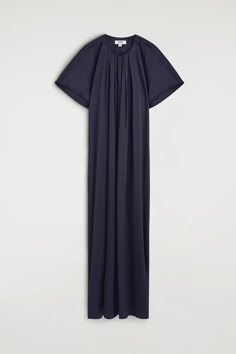 Pleated Satin Midi Dress, Alternate, color, NAVY