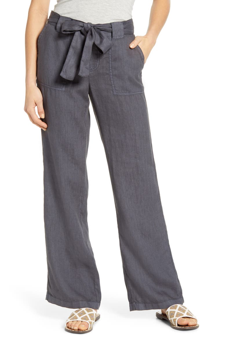 New Belted Linen Pants, Main, color, GREY EBONY