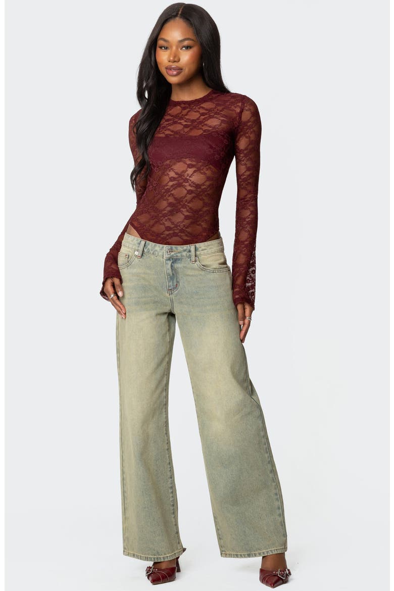Colette Sheer Lace Bodysuit, Alternate, color, BURGUNDY