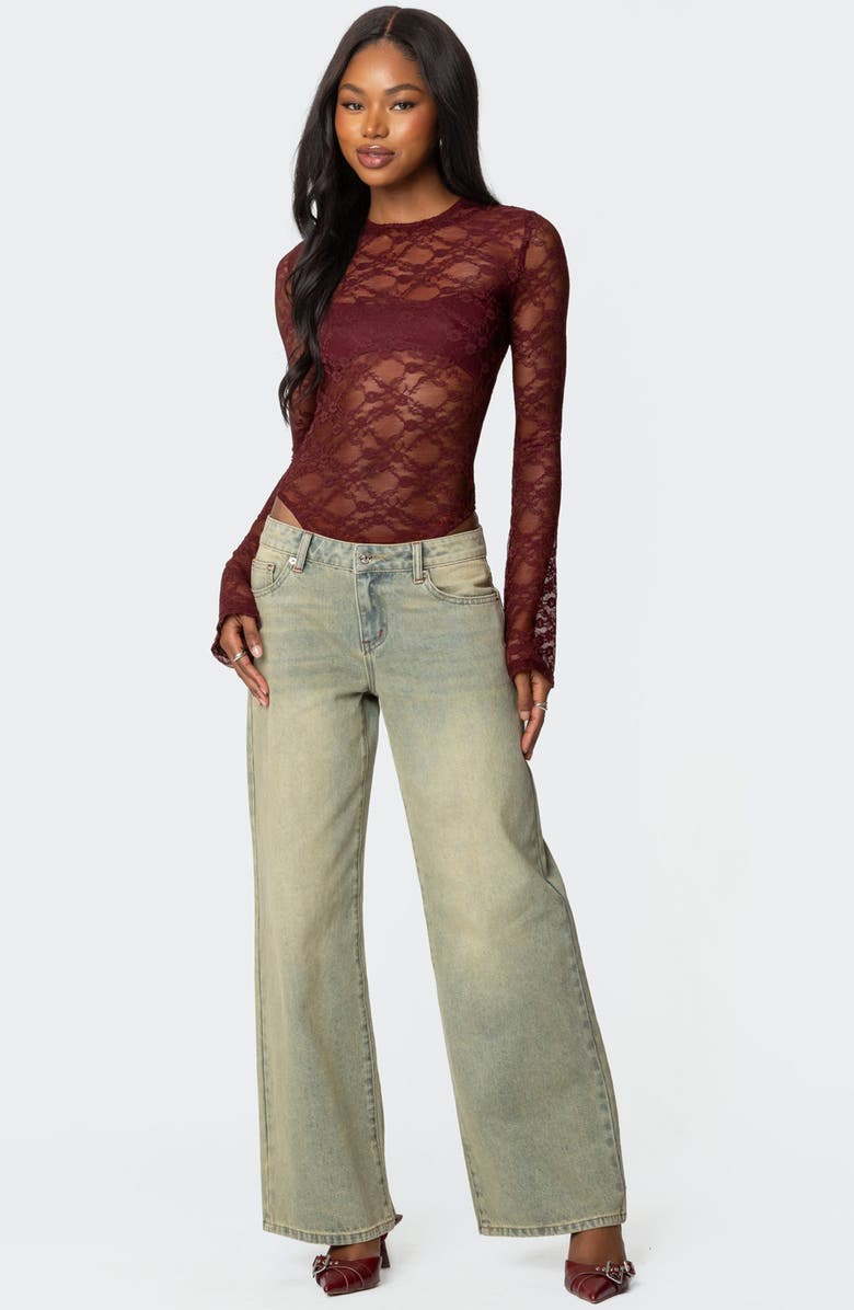 EDIKTED Colette Sheer Lace Bodysuit, Alternate, color, Burgundy