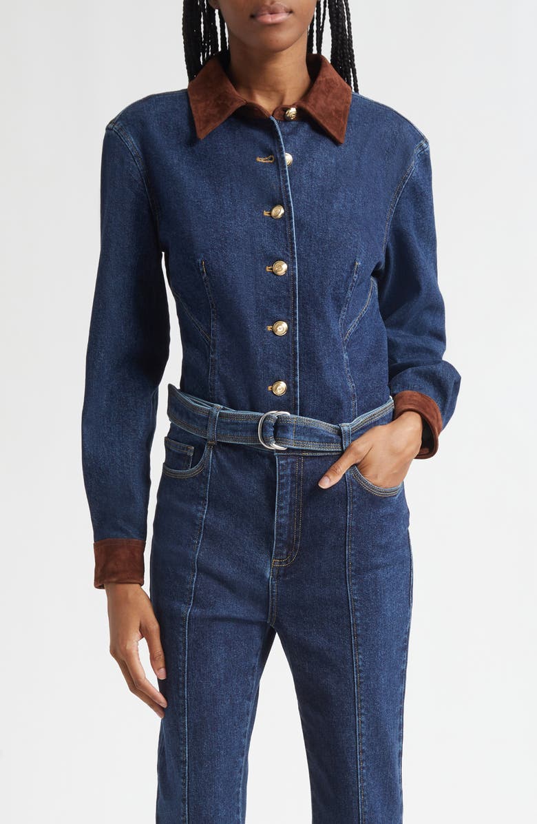 Cinq à Sept Suede Trim Denim Button-Up Shirt, Main, color, Dark Sepia/ Fontaine